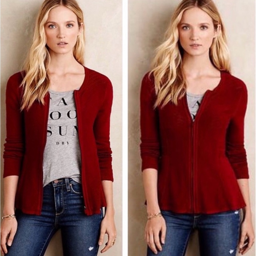 Angel Of The North Y2K Anthropologie Deep Red Zip Up Eyelet Flare Knit Cardigan